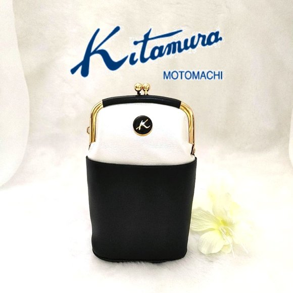 KITAMURA Japan Mini Wallet Bag GenuineLeather Pearlized Ivory Blue Gold Kisslock - Picture 2 of 11